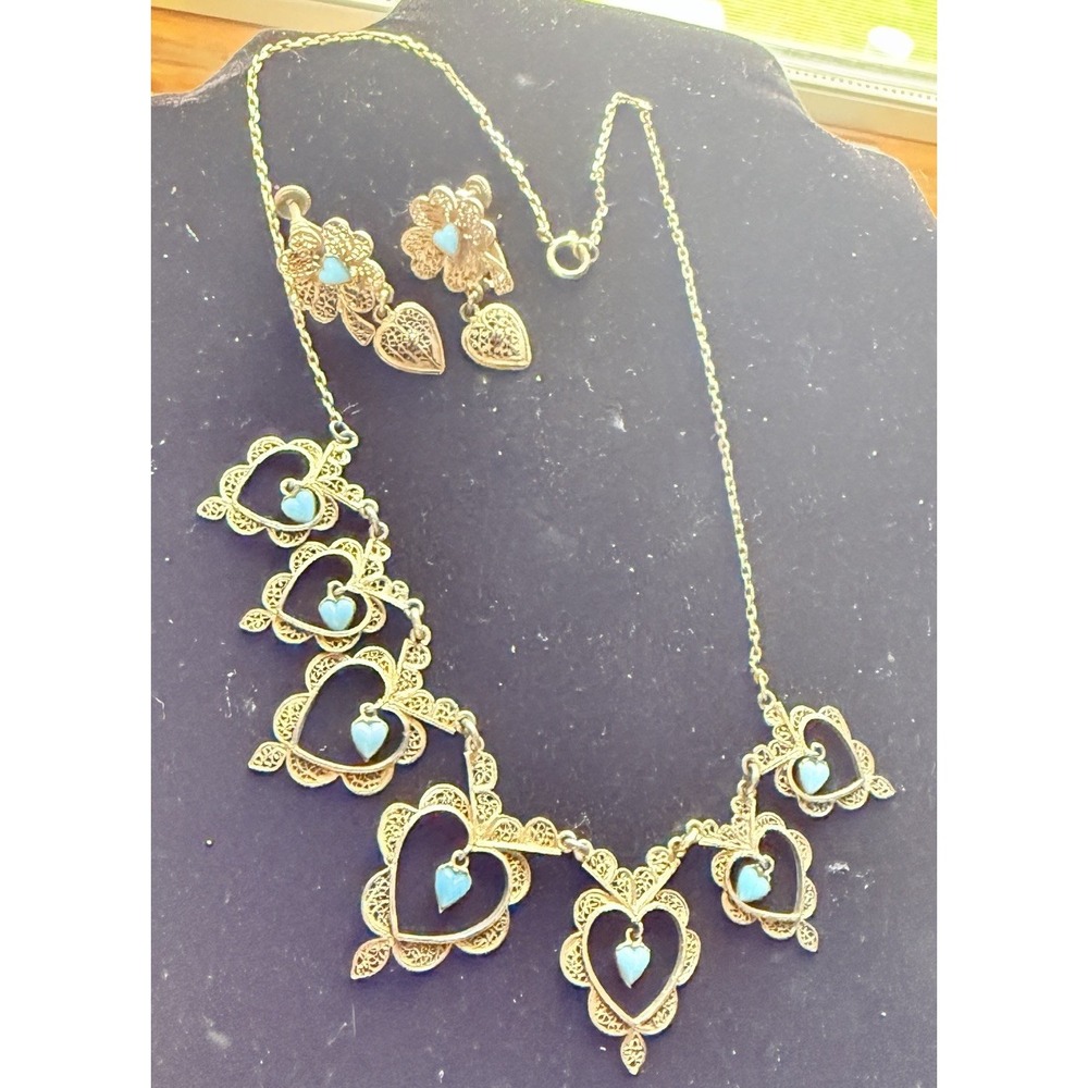 Filigree Heart Dangle Vintage Gold-Tone Turquoise Parure Romantic Delicate Set